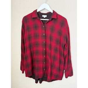 J. Jill Plaid Button Up Shirt Size Medium 100% Rayon Relaxed Tunic Red Black
